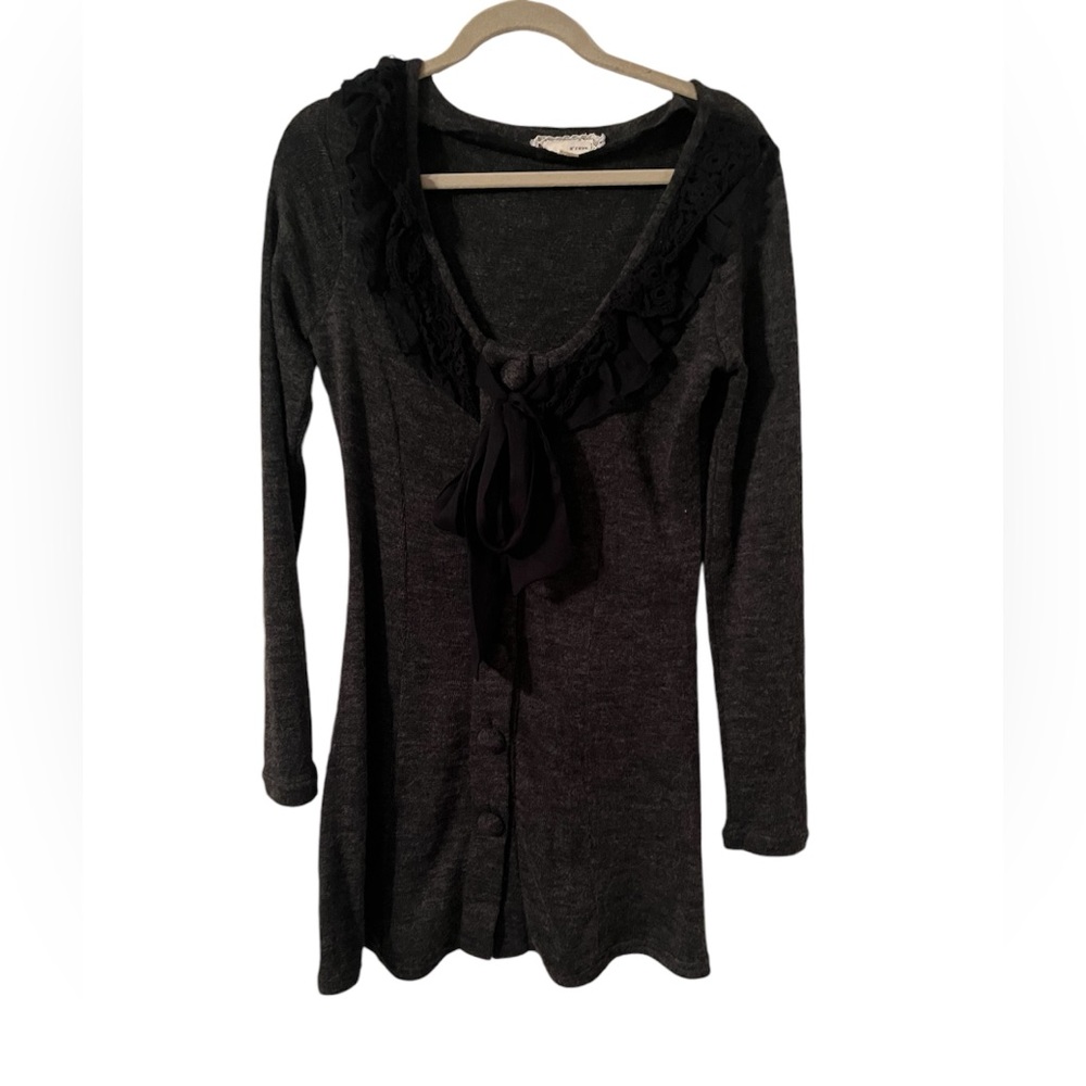 A’reve sweater, jacket or top. Dark gray with lace tie, front and buttons. Small